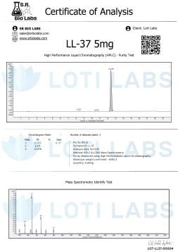 Certificate of Analysis for LL-37 5mg showing HPLC purity test graph, mass spectrometry results, and detailed chromatogram data for SR Bio Labs client Loti Labs.