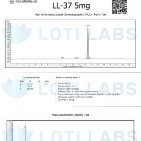 Certificate of Analysis for LL-37 5mg showing HPLC purity test graph, mass spectrometry results, and detailed chromatogram data for SR Bio Labs client Loti Labs.