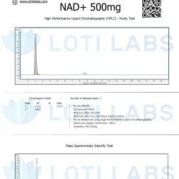 Certificate of Analysis for NAD+ 500mg showing HPLC chromatogram and mass spectrometry data, confirming compound identity and purity for Loti Labs.