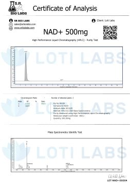 Certificate of Analysis for NAD+ 500mg showing HPLC chromatogram and mass spectrometry data, confirming compound identity and purity for Loti Labs.