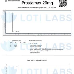 Prostamax 20mg 3 A certificate of analysis for Prostamax 20mg shows an HPLC purity test graph, chromatogram data, mass spectrometry results, and company contact information from Loti Labs.