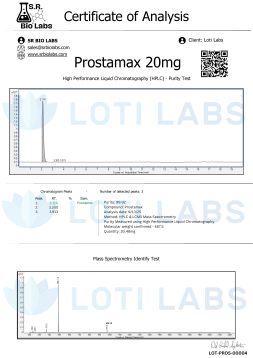 Prostamax 20mg 2 A certificate of analysis for Prostamax 20mg shows an HPLC purity test graph, chromatogram data, mass spectrometry results, and company contact information from Loti Labs.