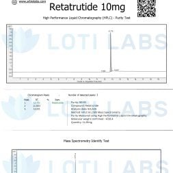 Certificate of analysis for Retatrutide 10mg showing HPLC purity test and mass spectrometry results, with chromatogram graphs and compound details.