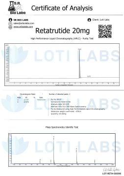Retatrutide 20mg 2 Certificate of Analysis for Retatrutide 20mg from Loti Labs showing HPLC purity test results and mass spectrometry identification data with graphs and details.
