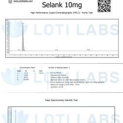 Selank 10mg 3 Certificate of analysis for Selank 10mg showing HPLC and mass spectrometry purity test results, chromatogram peaks, and compound details from Loti Labs and SR Bio Labs.