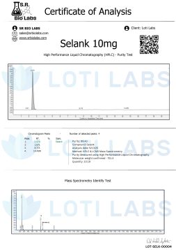 Selank 10mg 2 Certificate of analysis for Selank 10mg showing HPLC and mass spectrometry purity test results, chromatogram peaks, and compound details from Loti Labs and SR Bio Labs.
