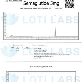 Certificate of analysis for Semaglutide 5mg showing HPLC purity test and mass spectrometry results, issued by Loti Labs under SR Bio Labs.