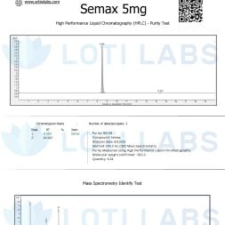 Certificate of Analysis for Semax 5mg showing HPLC purity test results, with chromatogram and mass spectrometry data displayed for compound identification.