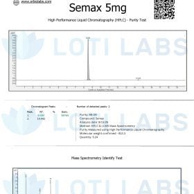 Certificate of Analysis for Semax 5mg showing HPLC purity test results, with chromatogram and mass spectrometry data displayed for compound identification.
