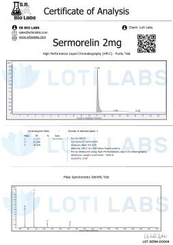 Certificate of analysis for Sermorelin 2mg showing HPLC purity test results with chromatogram, compound information, and mass spectrometry data.