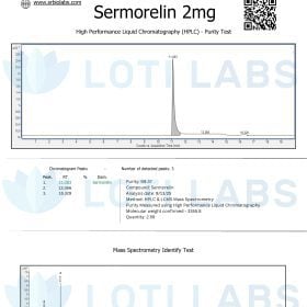 Certificate of analysis for Sermorelin 2mg showing HPLC purity test results with chromatogram, compound information, and mass spectrometry data.