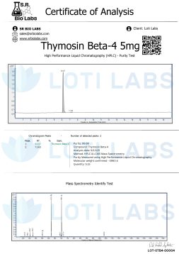 Certificate of Analysis for Thymosin Beta-4 5mg showing HPLC purity test results, chromatogram, mass spectrometry data, and compound information from SR Bio Labs.