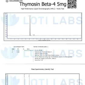 Certificate of Analysis for Thymosin Beta-4 5mg showing HPLC purity test results, chromatogram, mass spectrometry data, and compound information from SR Bio Labs.