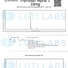 Certificate of analysis for Thymosin Alpha 1, 10mg, showing HPLC purity test results with chromatogram and mass spectrometry identification.