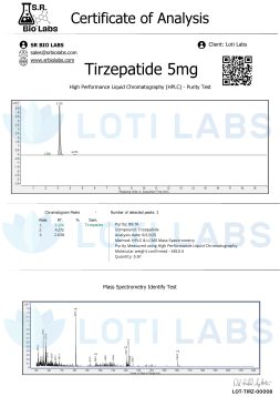 Certificate of analysis for Tirzepatide 5mg showing HPLC purity test results and mass spectrometry identification, issued by SR Bio Labs for client Loti Labs.