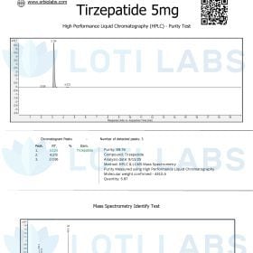 Certificate of analysis for Tirzepatide 5mg showing HPLC purity test results and mass spectrometry identification, issued by SR Bio Labs for client Loti Labs.