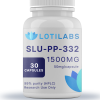 A white bottle labeled "SLU-PP-332 Capsules (50mg/capsule, 30 capsules)" contains 30 capsules (99% purity, HPLC); for Research Use Only.