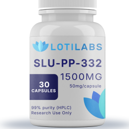A white bottle labeled "SLU-PP-332 Capsules (50mg/capsule, 30 capsules)" contains 30 capsules (99% purity, HPLC); for Research Use Only.