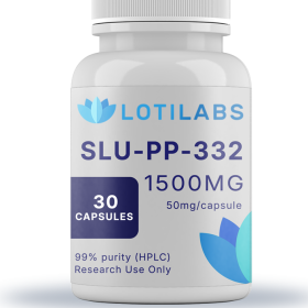 A white bottle labeled "SLU-PP-332 Capsules (50mg/capsule, 30 capsules)" contains 30 capsules (99% purity, HPLC); for Research Use Only.