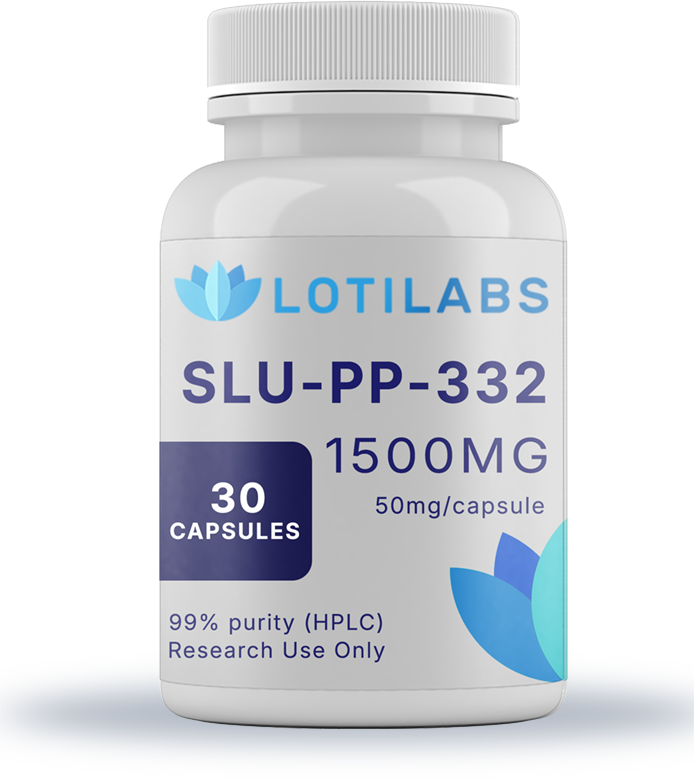 SLU-PP-332-1500mg-size-updated-2 A white bottle labeled "SLU-PP-332 Capsules (50mg/capsule, 30 capsules)" contains 30 capsules (99% purity, HPLC); for Research Use Only.