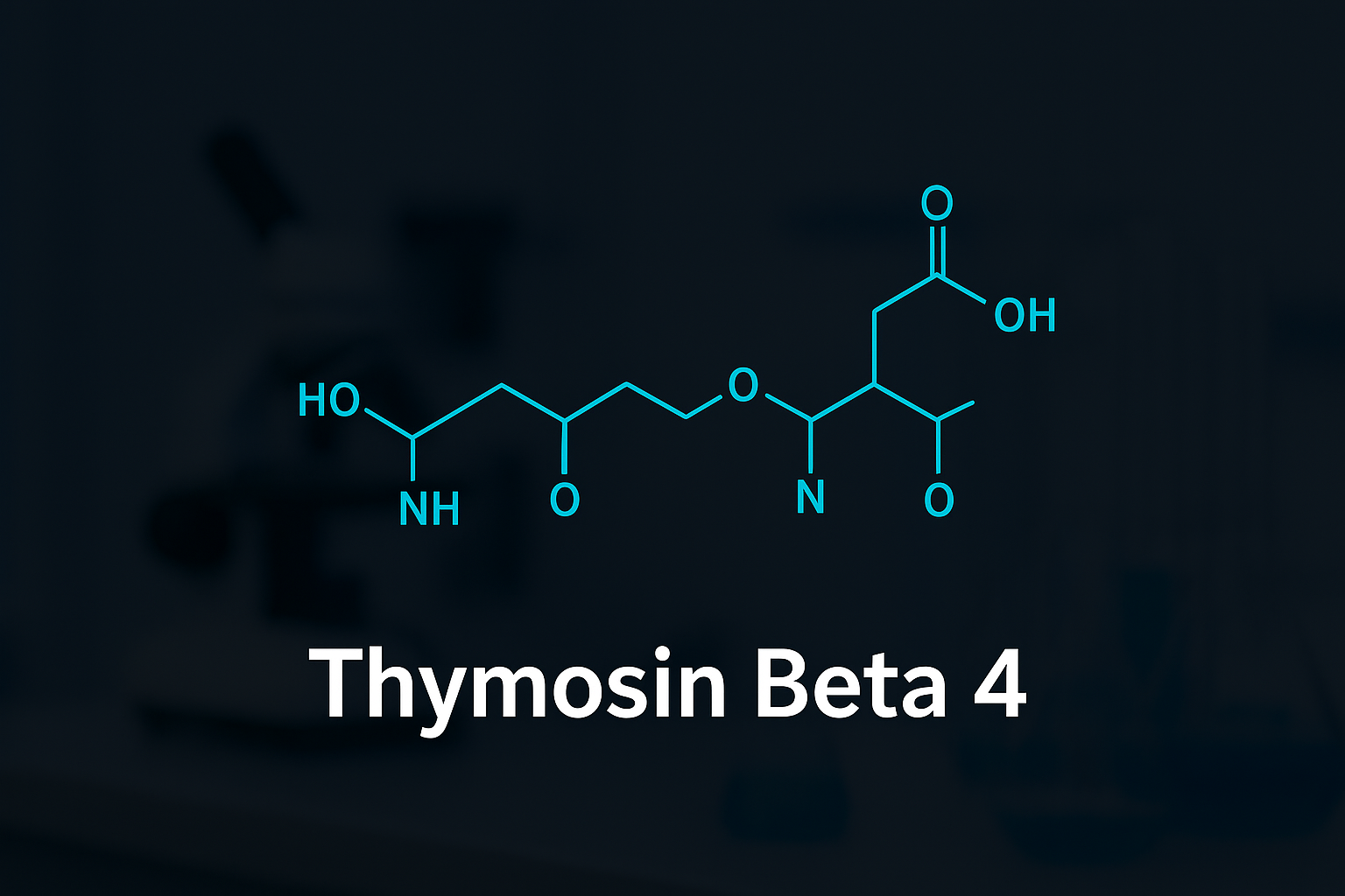 A chemical structure diagram of Thymosin Beta 4 is displayed above the text "Thymosin Beta 4" with lab equipment in the blurred background.