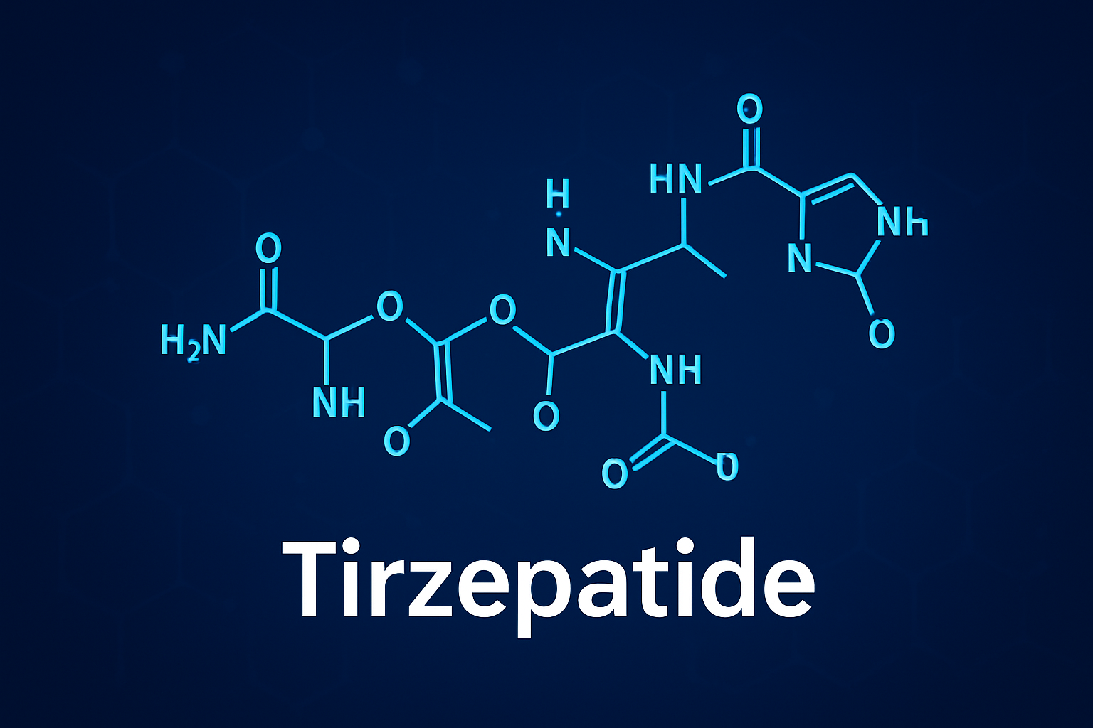 Structural formula diagram of tirzepatide, a medication, displayed above its name on a dark blue background.