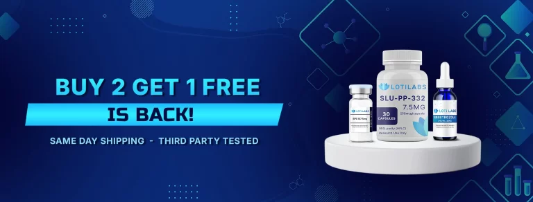 Loti Labs supplement bottles displayed on a platform with the text "Buy 2 Get 1 Free is back! Same day shipping - Third party tested" on a blue, science-themed background—perfect for those looking to buy peptides from a trusted source.