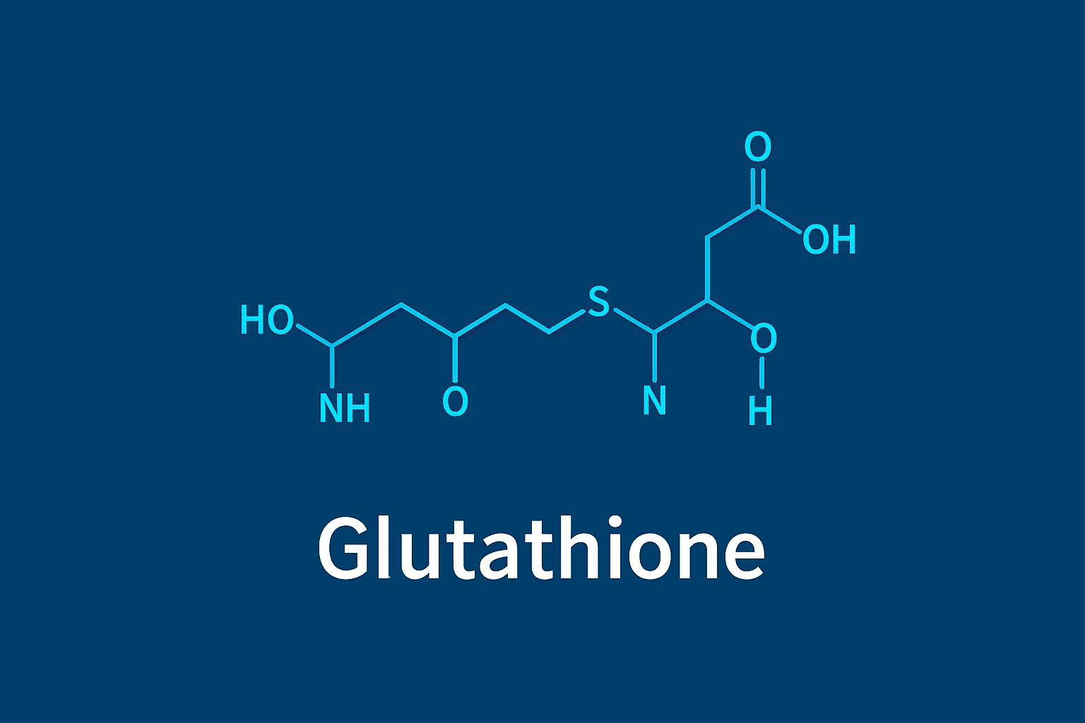 Molecular structure diagram of glutathione displayed on a blue background, with the word "Glutathione" written below the structure.