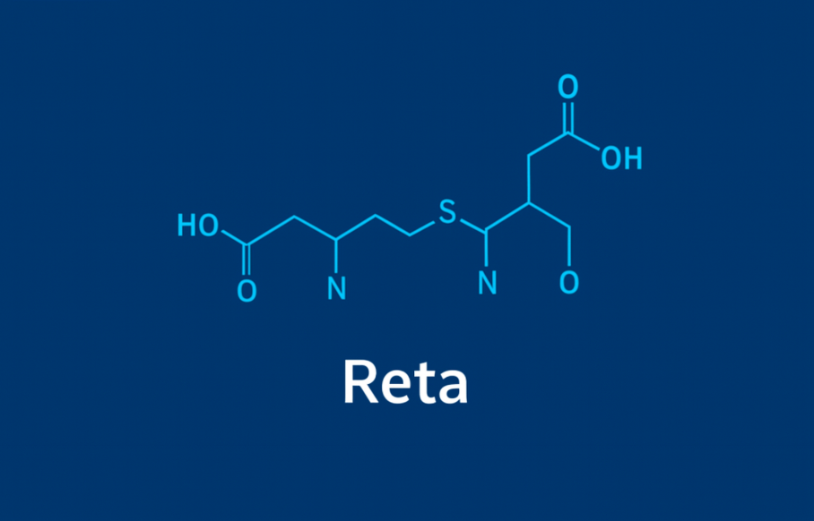 A chemical structure diagram is shown above the word "Reta" on a solid blue background.