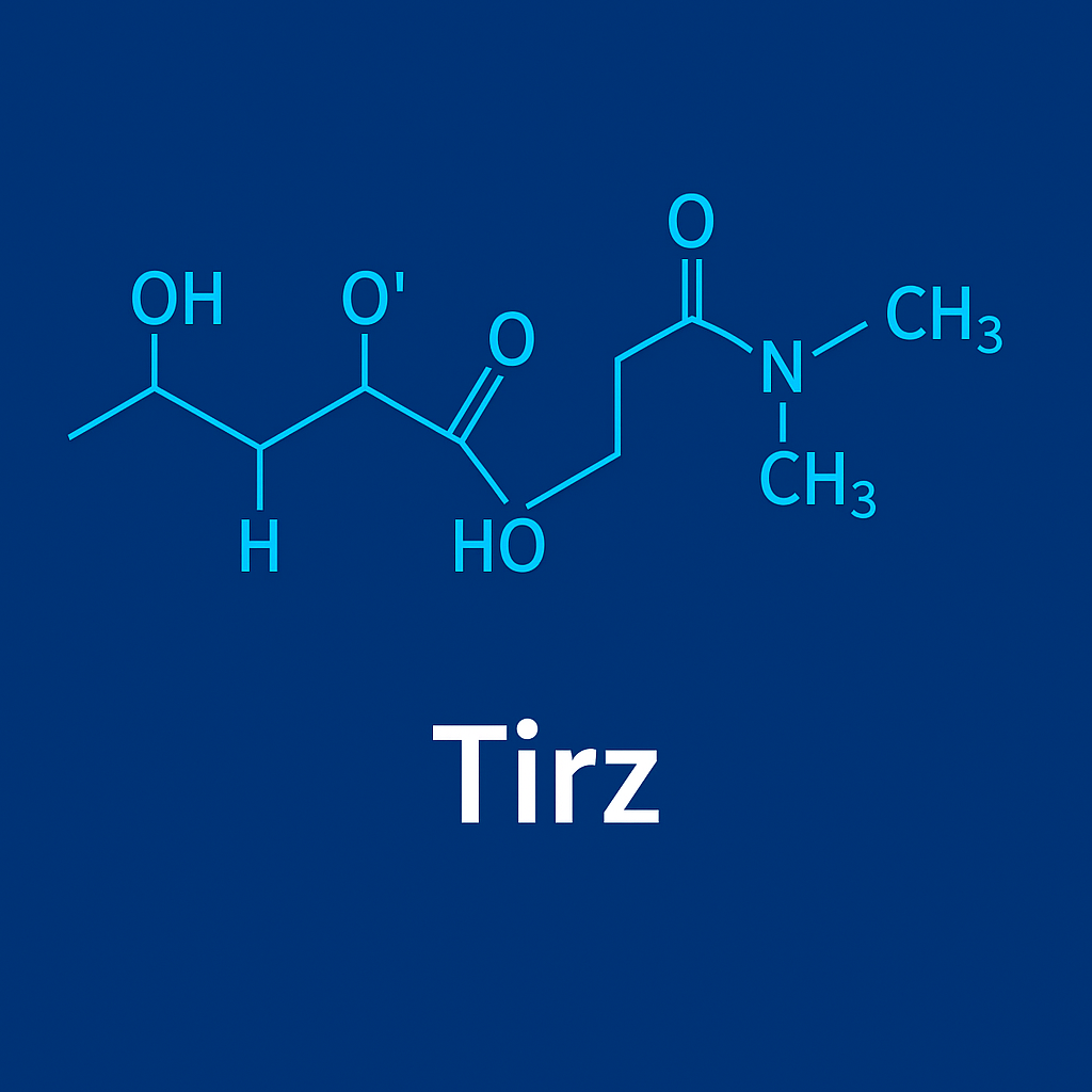 Chemical structure diagram with the label "Tirz" underneath, showing a molecule with hydroxyl, carbonyl, and methyl groups on a blue background.