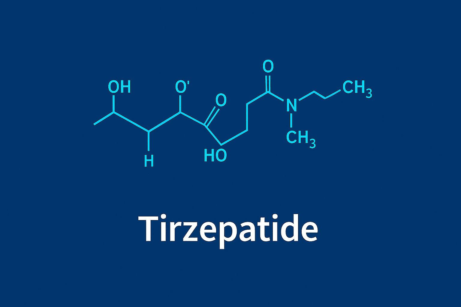 Chemical structure diagram labeled "Tirzepatide" on a blue background, showing molecular formula elements and bonds.