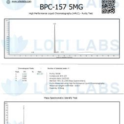BPC-157 5mg 3 Certificate of Analysis for BPC-157 5mg showing HPLC purity and mass spectrometry identification test results from SR Bio Labs.