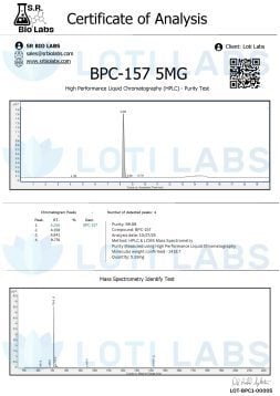 BPC-157 5mg 2 Certificate of Analysis for BPC-157 5mg showing HPLC purity and mass spectrometry identification test results from SR Bio Labs.
