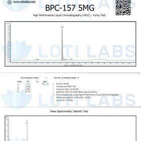 Certificate of Analysis for BPC-157 5mg showing HPLC purity and mass spectrometry identification test results from SR Bio Labs.