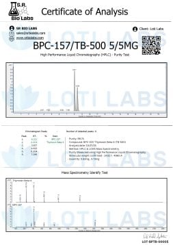 BPC-157 5mg / TB-500 5mg (blend) 2 Certificate of Analysis for BPC-157/TB-500 5/5MG showing HPLC purity and mass spectrometry test results, with graphs and compound details from SR Bio Labs for client Loti Labs.