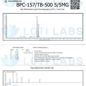 Certificate of Analysis for BPC-157/TB-500 5/5MG showing HPLC purity and mass spectrometry test results, with graphs and compound details from SR Bio Labs for client Loti Labs.