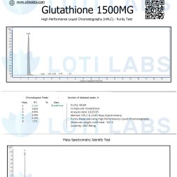 Glutathione 1500mg 3 Certificate of Analysis for Glutathione 1500MG showing HPLC purity test results, chromatogram, and compound details from SR Bio Labs for client Loti Labs.