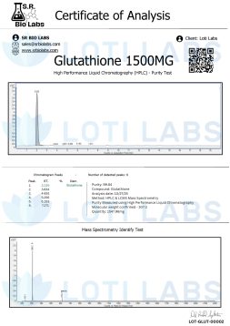 Glutathione 1500mg 2 Certificate of Analysis for Glutathione 1500MG showing HPLC purity test results, chromatogram, and compound details from SR Bio Labs for client Loti Labs.