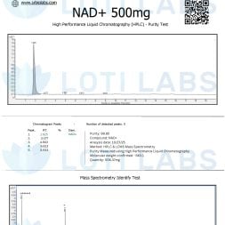 Certificate of Analysis for NAD+ 500mg showing HPLC purity test results, chromatogram peaks, and mass spectrometry identification confirming compound purity and molecular weight.