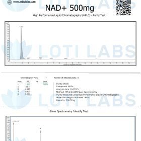 Certificate of Analysis for NAD+ 500mg showing HPLC purity test results, chromatogram peaks, and mass spectrometry identification confirming compound purity and molecular weight.