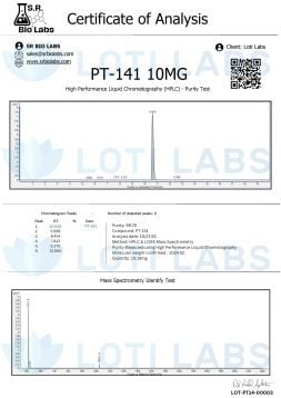 Certificate of analysis for PT-141 10mg showing HPLC purity test graph, chromatogram peaks, and mass spectrometry identification results from SR Bio Labs for client Loti Labs.
