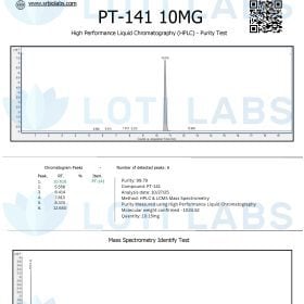 Certificate of analysis for PT-141 10mg showing HPLC purity test graph, chromatogram peaks, and mass spectrometry identification results from SR Bio Labs for client Loti Labs.