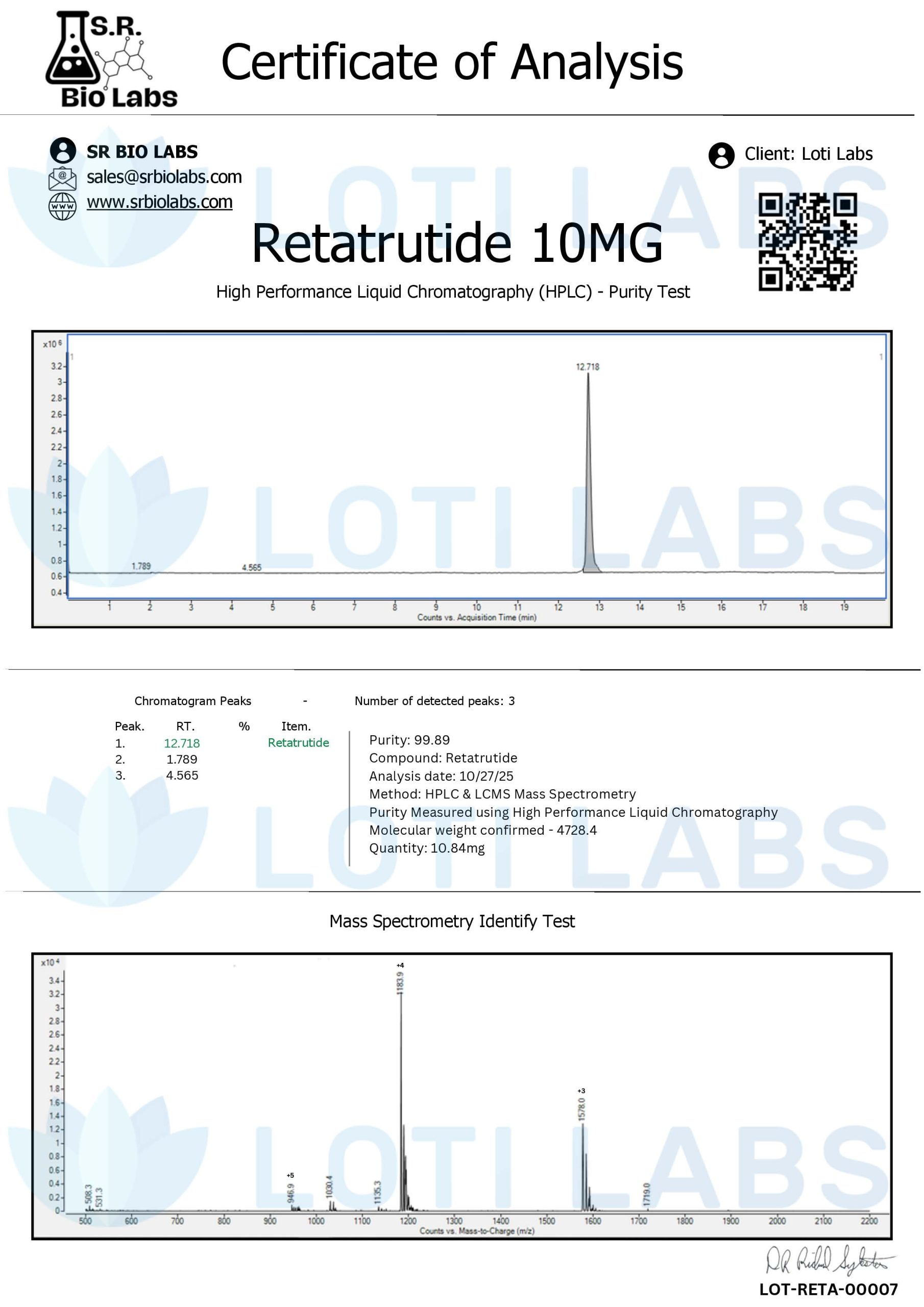 Retatrutide 10mg 2 Certificate of analysis for Retatrutide 10mg showing HPLC purity test and mass spectrometry results from SR Bio Labs for client Loti Labs.