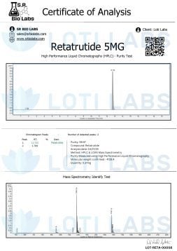 Certificate of analysis for Retatrutide 5MG by SR Bio Labs, showing HPLC purity test and mass spectrometry results with chromatogram and spectrum graphs.
