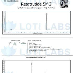 Certificate of analysis for Retatrutide 5MG by SR Bio Labs, showing HPLC purity test and mass spectrometry results with chromatogram and spectrum graphs.