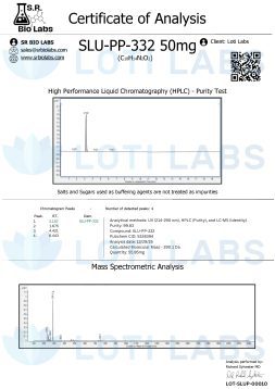 SLU-PP-332 Capsules (50mg/capsule, 30 capsules) 2 Certificate of analysis for SLU-PP-332 Capsules (50mg/capsule, 30 capsules) shows 99.4% purity by HPLC and confirmed molecular mass by mass spectrometry.