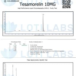Tesamorelin 10mg 3 Certificate of analysis for Tesamorelin 10mg showing HPLC purity test results with chromatogram graphs, compound details, and mass spectrometry identification.