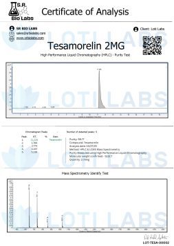 Certificate of Analysis for Tesamorelin 2MG showing HPLC chromatogram, purity test results, and mass spectrometry identity test, issued by SR Bio Labs for client Loti Labs.