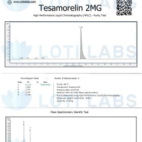 Certificate of Analysis for Tesamorelin 2MG showing HPLC chromatogram, purity test results, and mass spectrometry identity test, issued by SR Bio Labs for client Loti Labs.