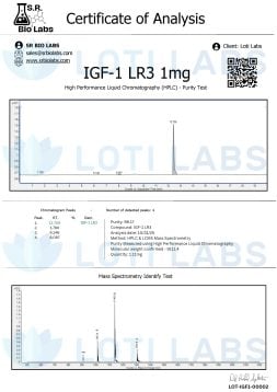 Certificate of analysis for IGF-1 LR3 1mg showing HPLC and mass spectrometry purity test results and chromatogram graphs from SR Bio Labs for Loti Labs.